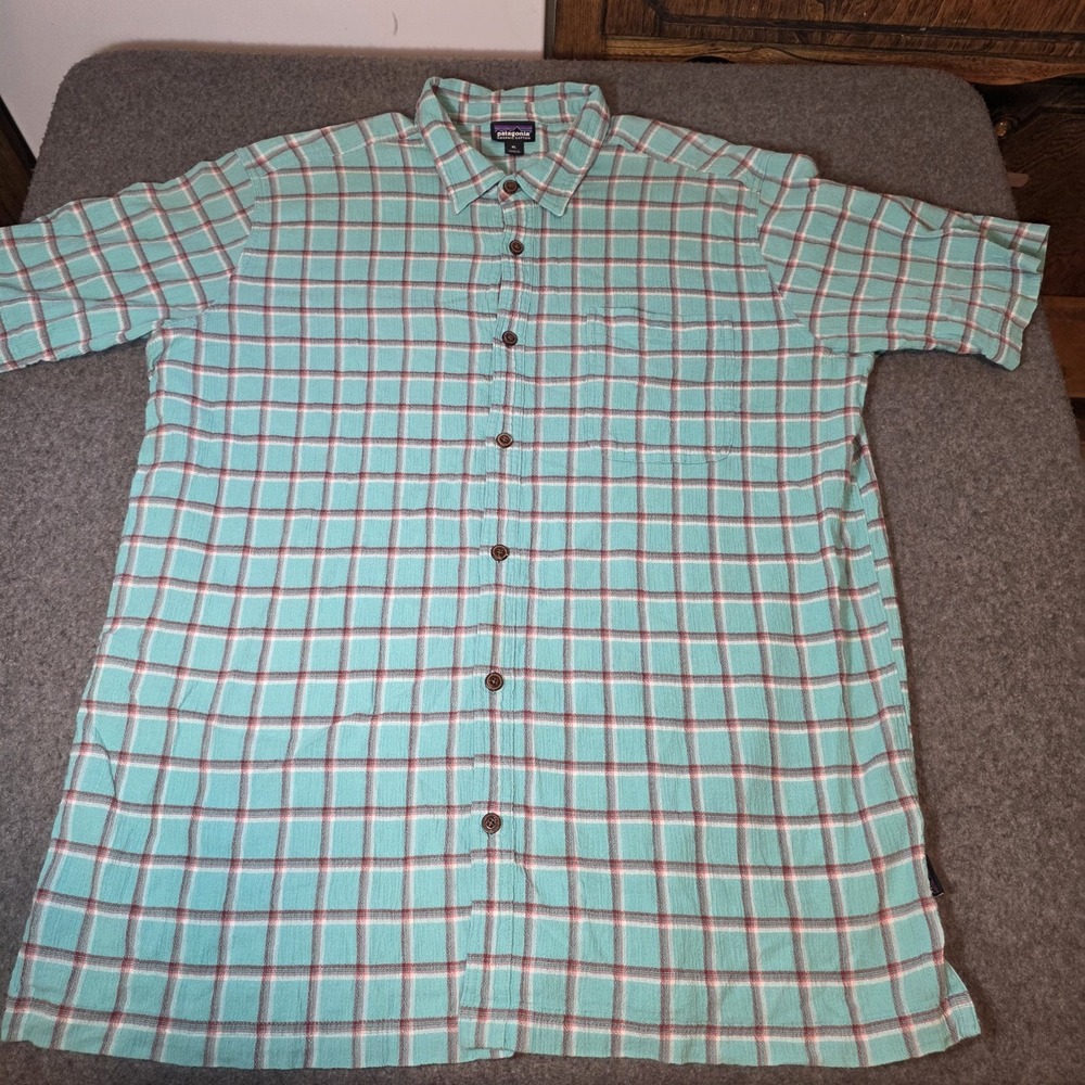 Patagonia turquoise and red plaid organic cotton button-up shirt Xl Shortslve F2